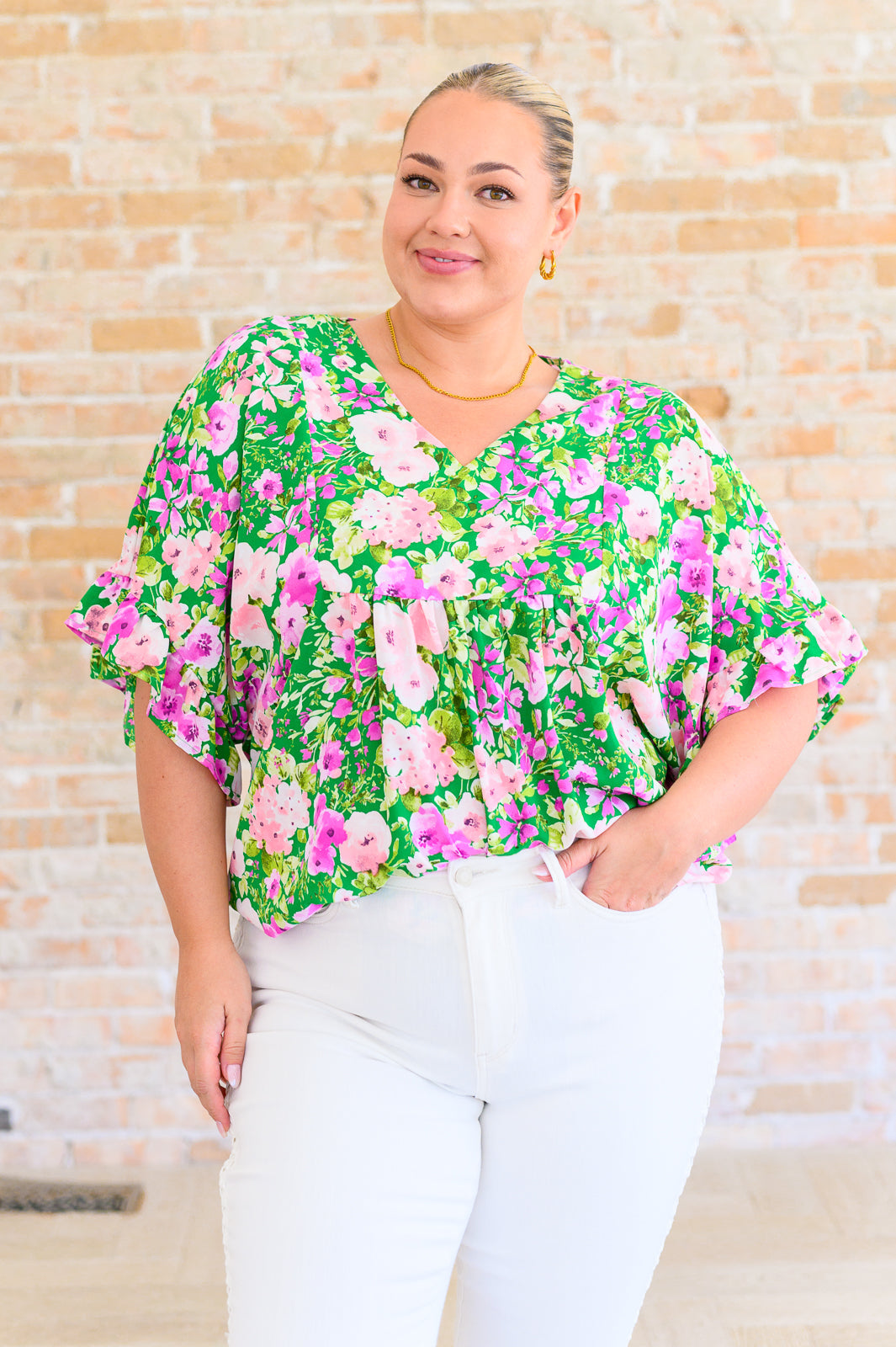 Florence V-Neck Statement Top in Kelly Green - T10953GN