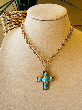 Large Chain Turquoise Cross Necklace - N060TU
