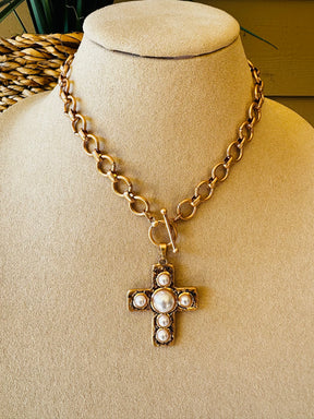 Large Chain Pearl Cross Necklace - N059PR