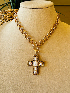 Large Chain Pearl Cross Necklace - N059PR