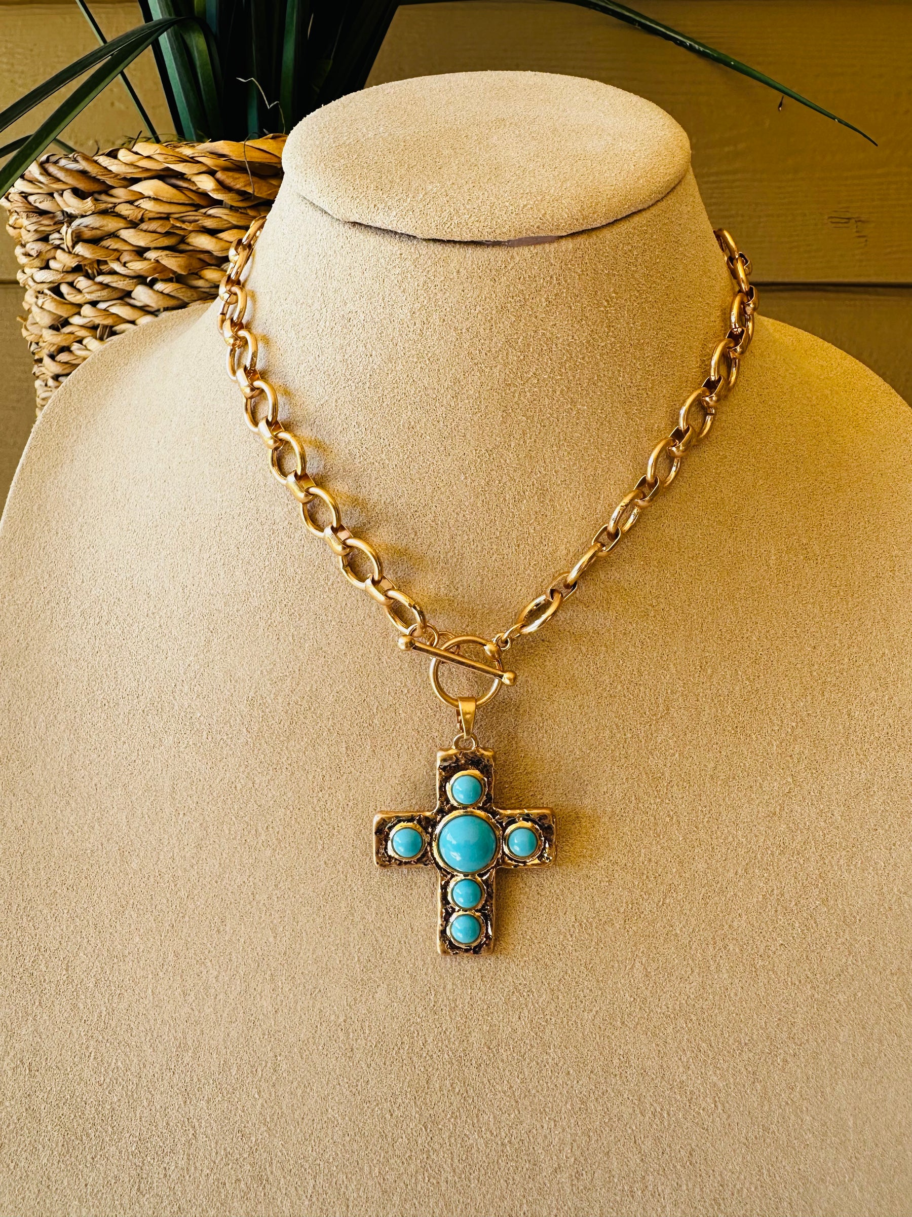 Large Chain Turquoise Cross Necklace - N060TU