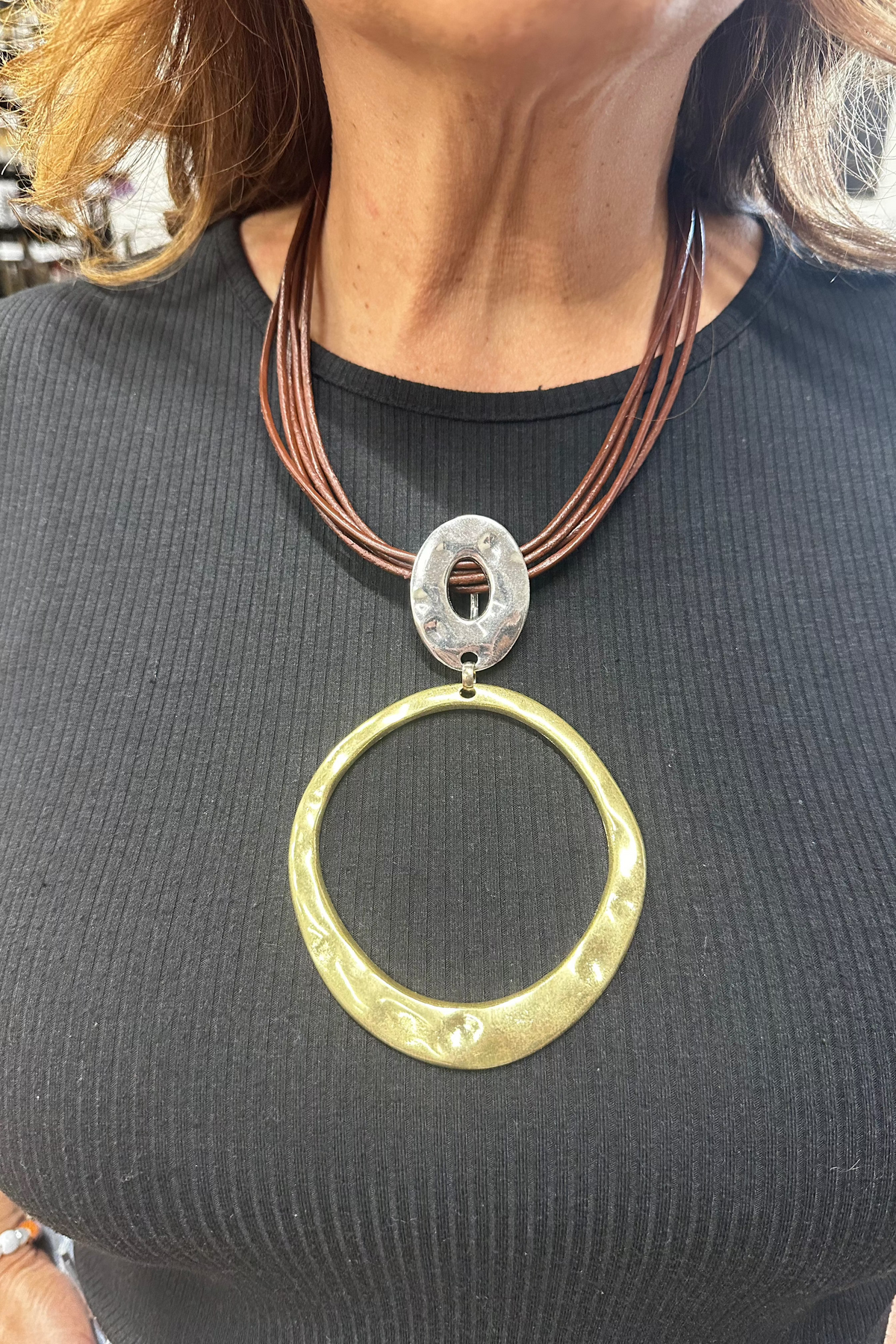 Gold/Silver Hammered Circle Pendants on Brown Multi Cord Necklace - NEK4422GD