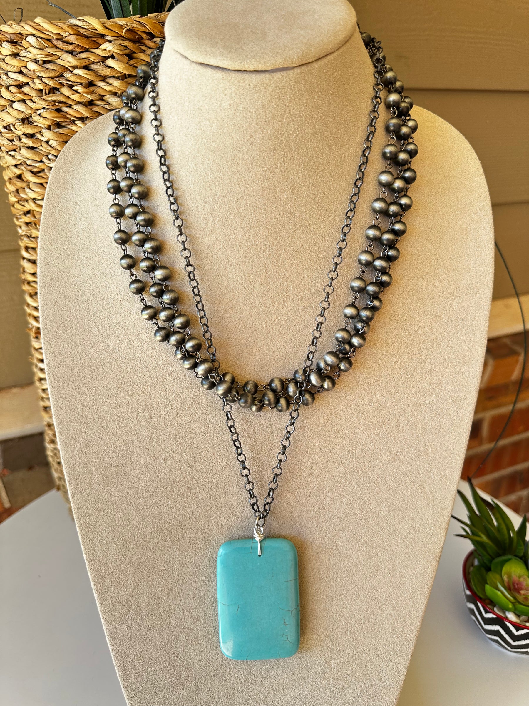 Navajo Beads With Large Turquoise Rectangle Pendant - N031TU