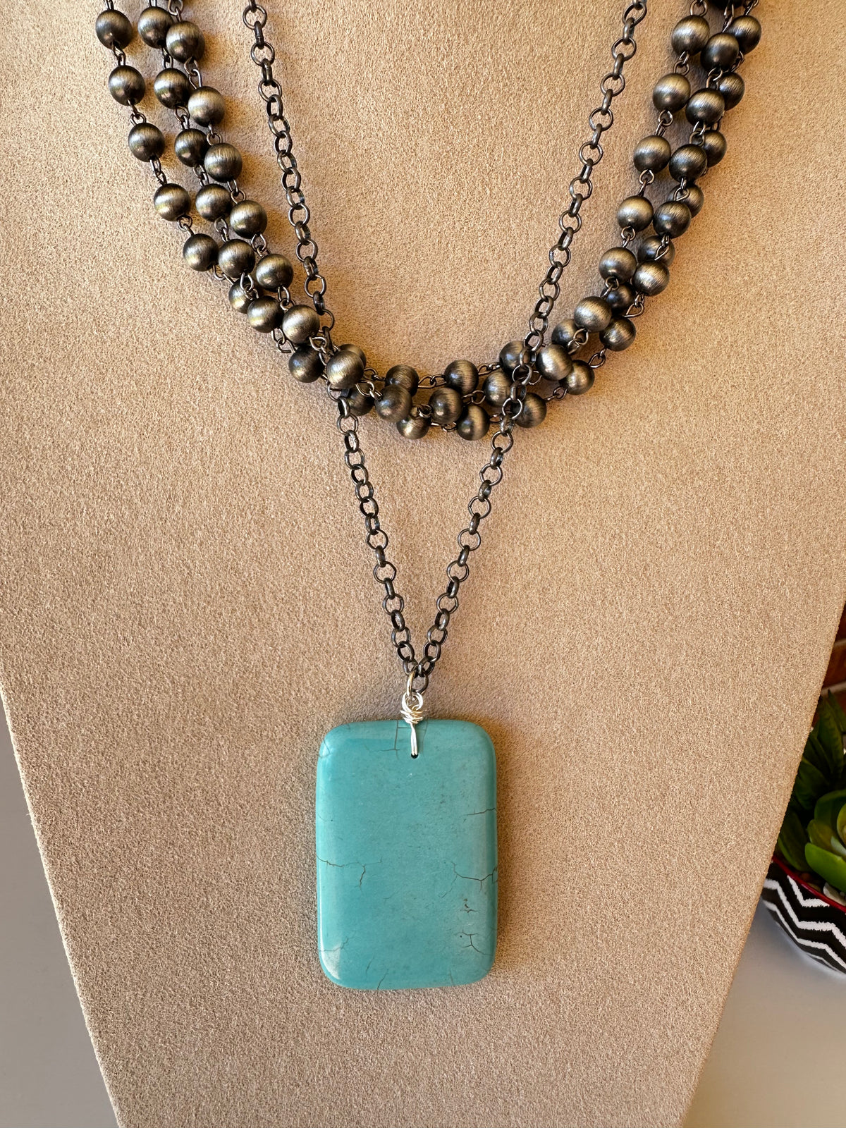 Navajo Beads With Large Turquoise Rectangle Pendant - N031TU