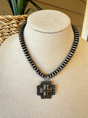 Navajo Beads with Silver Metal Cross Necklace - N032SI