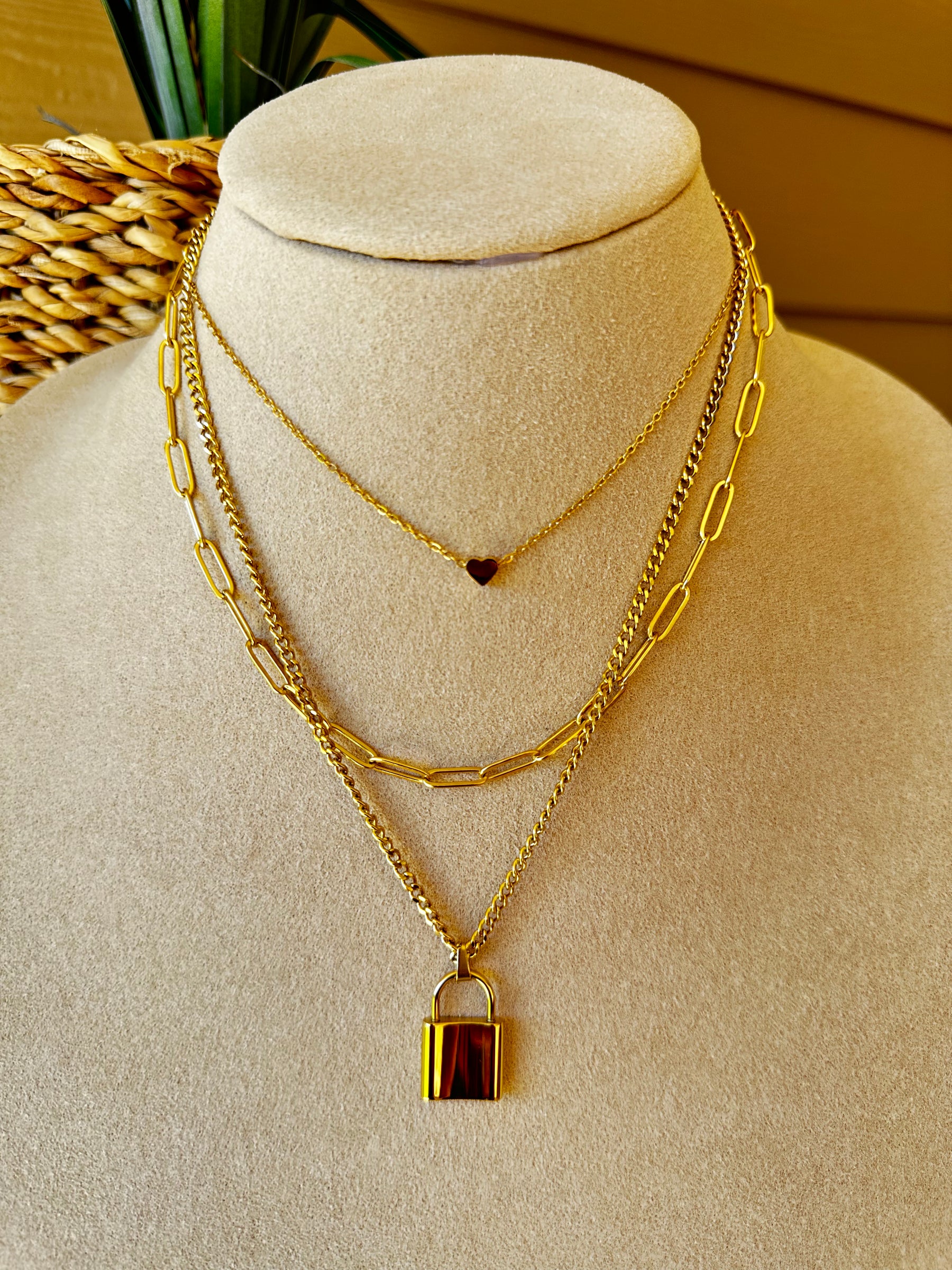 Gold Lock Multi Chain Necklace - N025GO