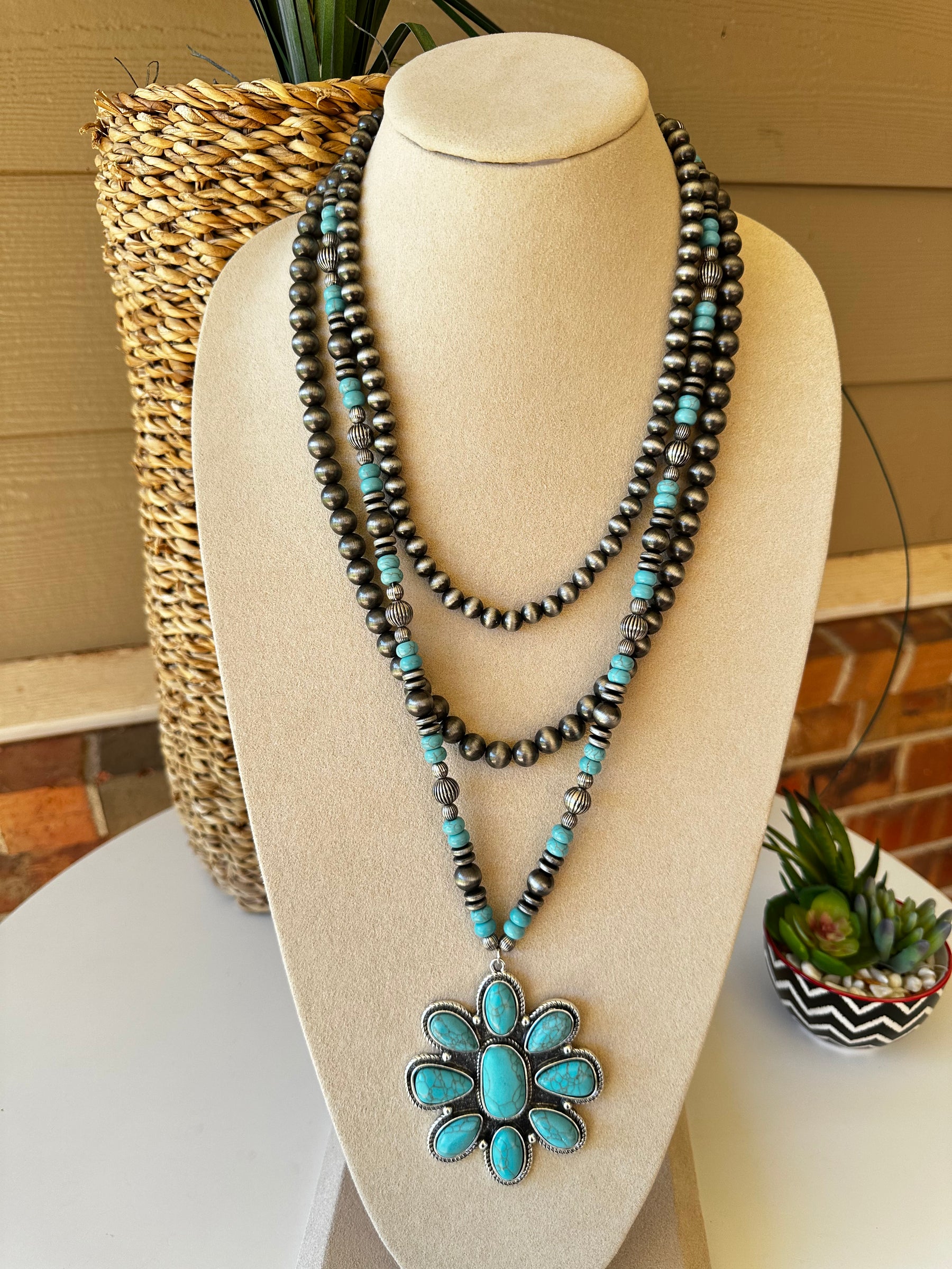 Turquoise Layered Squash Blossom Necklace - N021TU