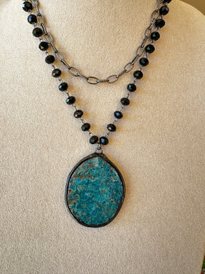 Black Bead Turquoise Pendant Necklace - N009BK
