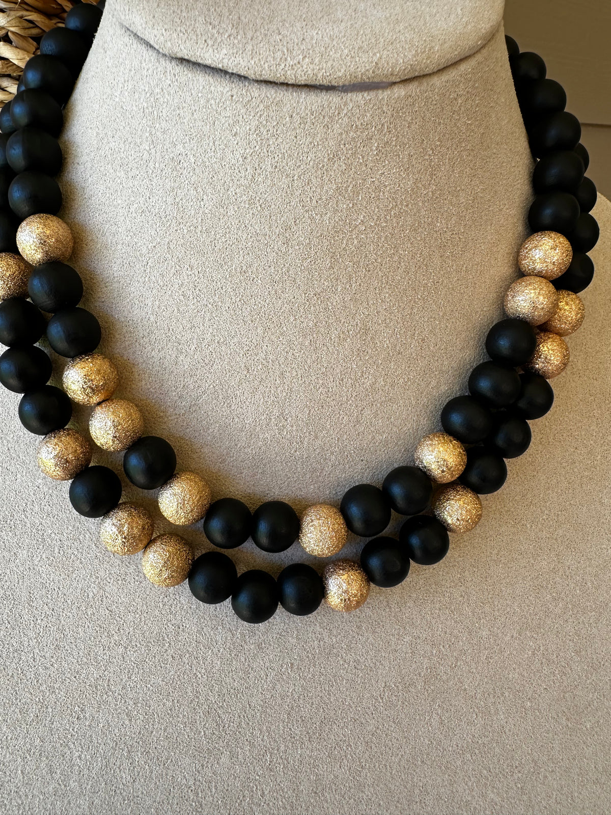Black Wood Bead Statement Necklace - N004BK
