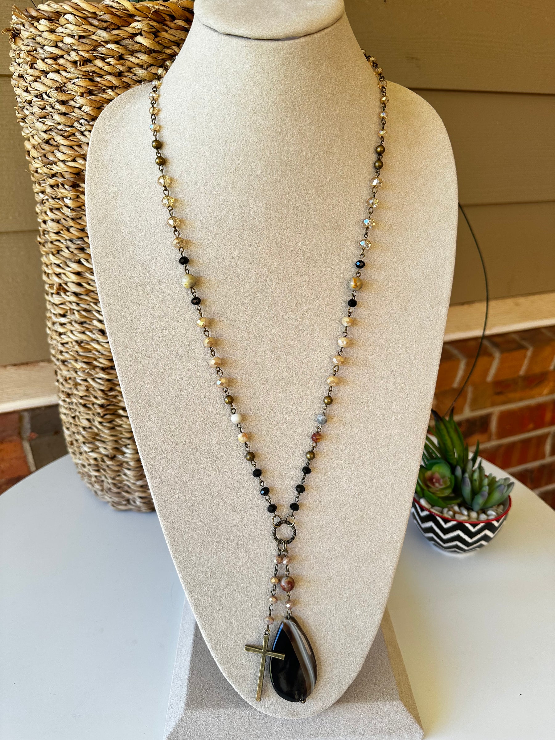 Stone And Cross Double Strand Necklace - N013BR