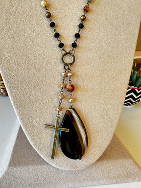 Stone And Cross Double Strand Necklace - N013BR