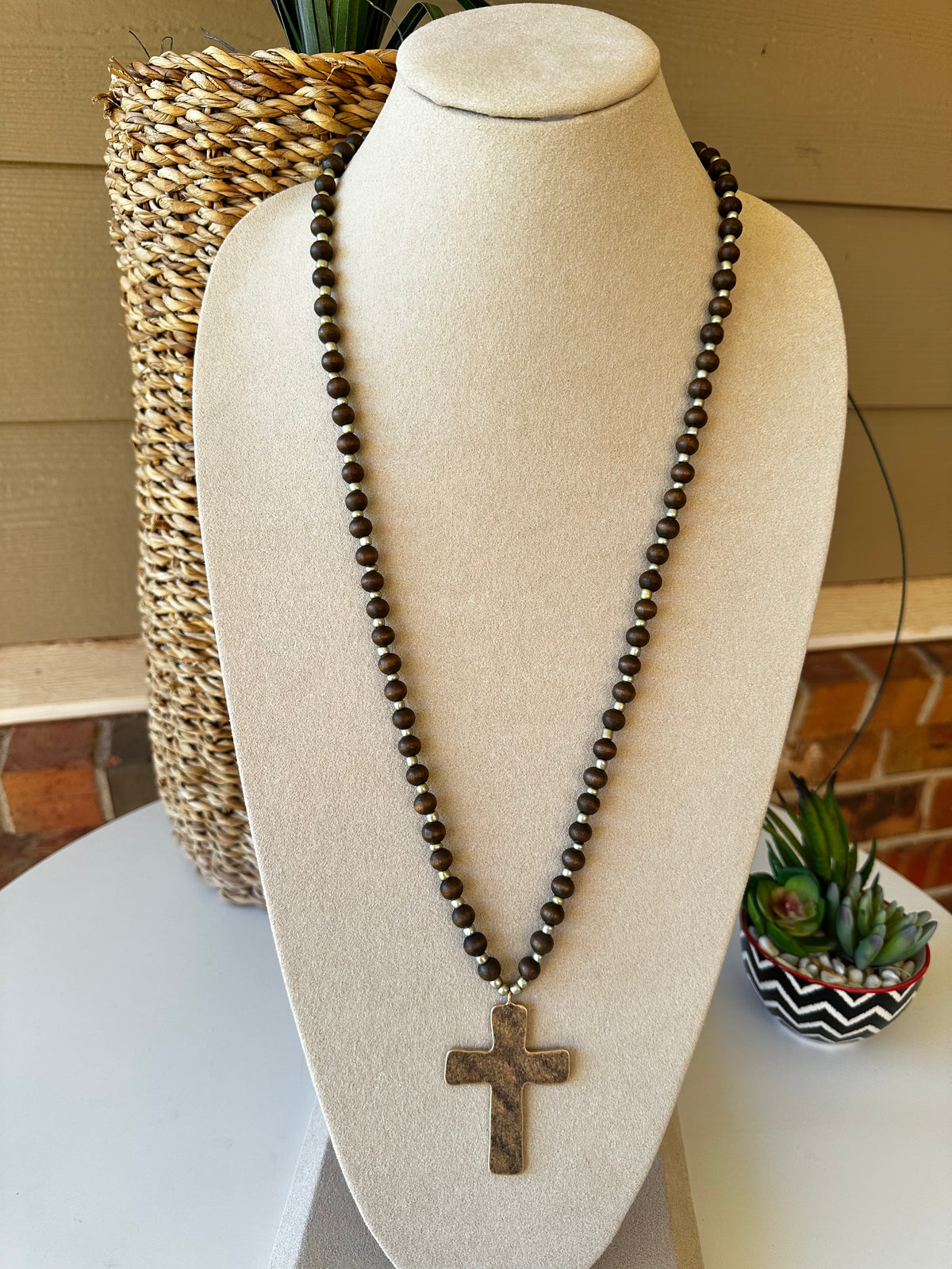 Brown Wood Beaded Necklace With Hammered Cross - N003BR