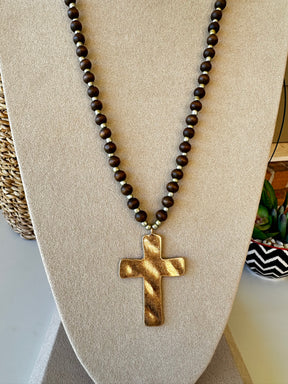 Brown Wood Beaded Necklace With Hammered Cross - N003BR