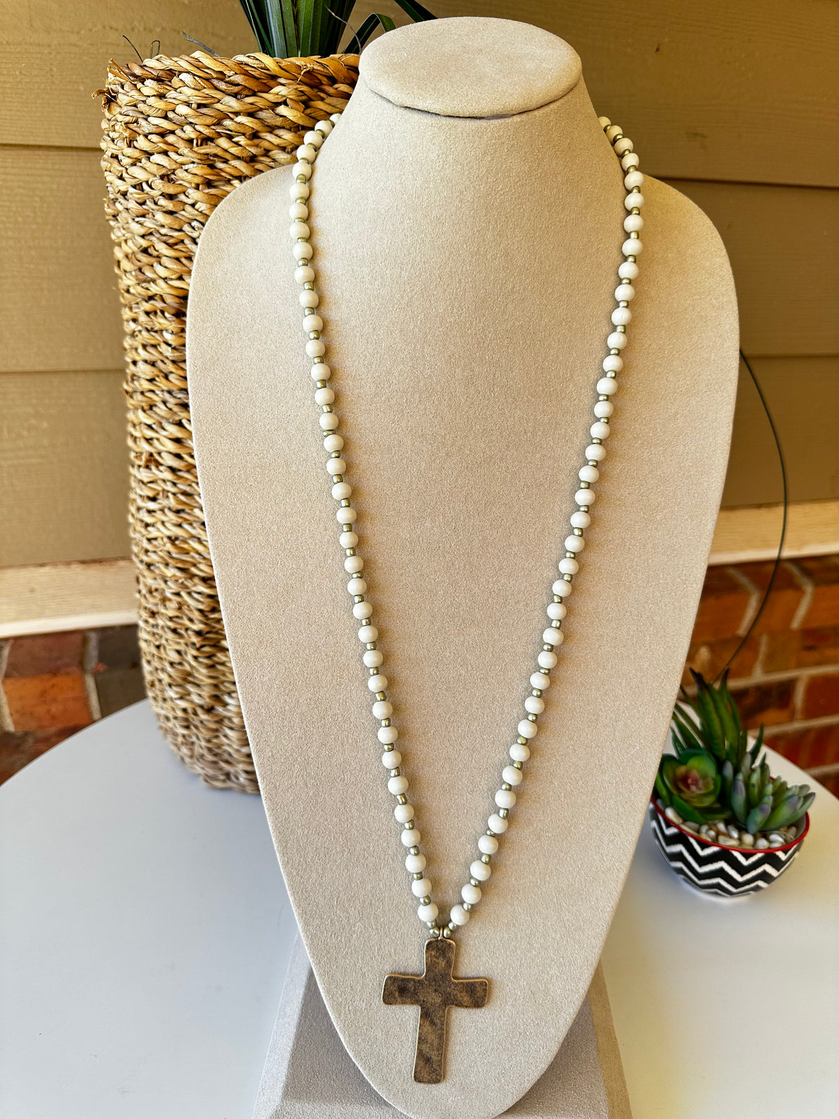 Ivory Wood Beaded Necklace With Hammered Cross - N002IV