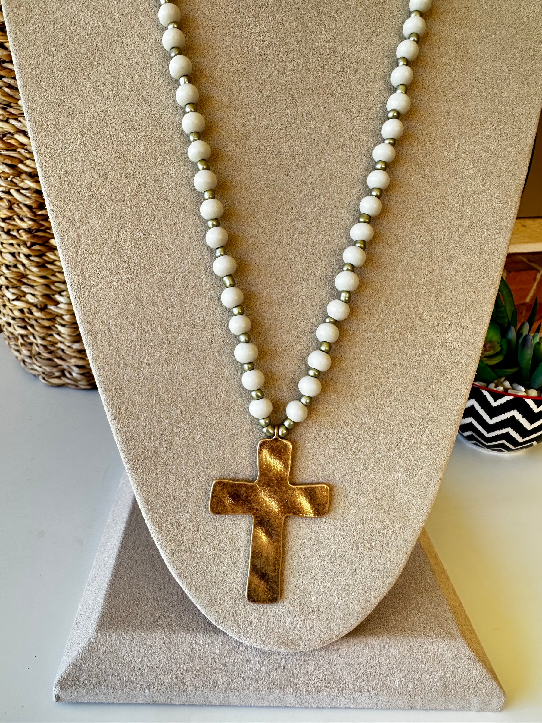 Ivory Wood Beaded Necklace With Hammered Cross - N002IV
