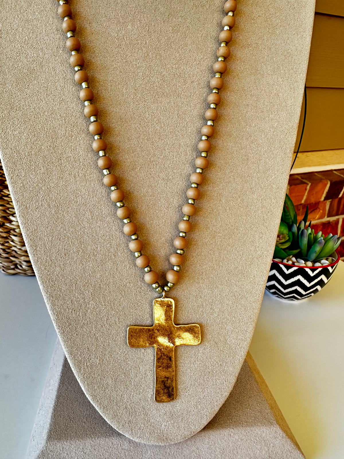 Nude Wood Beaded Necklace With Hammered Cross - N001ND