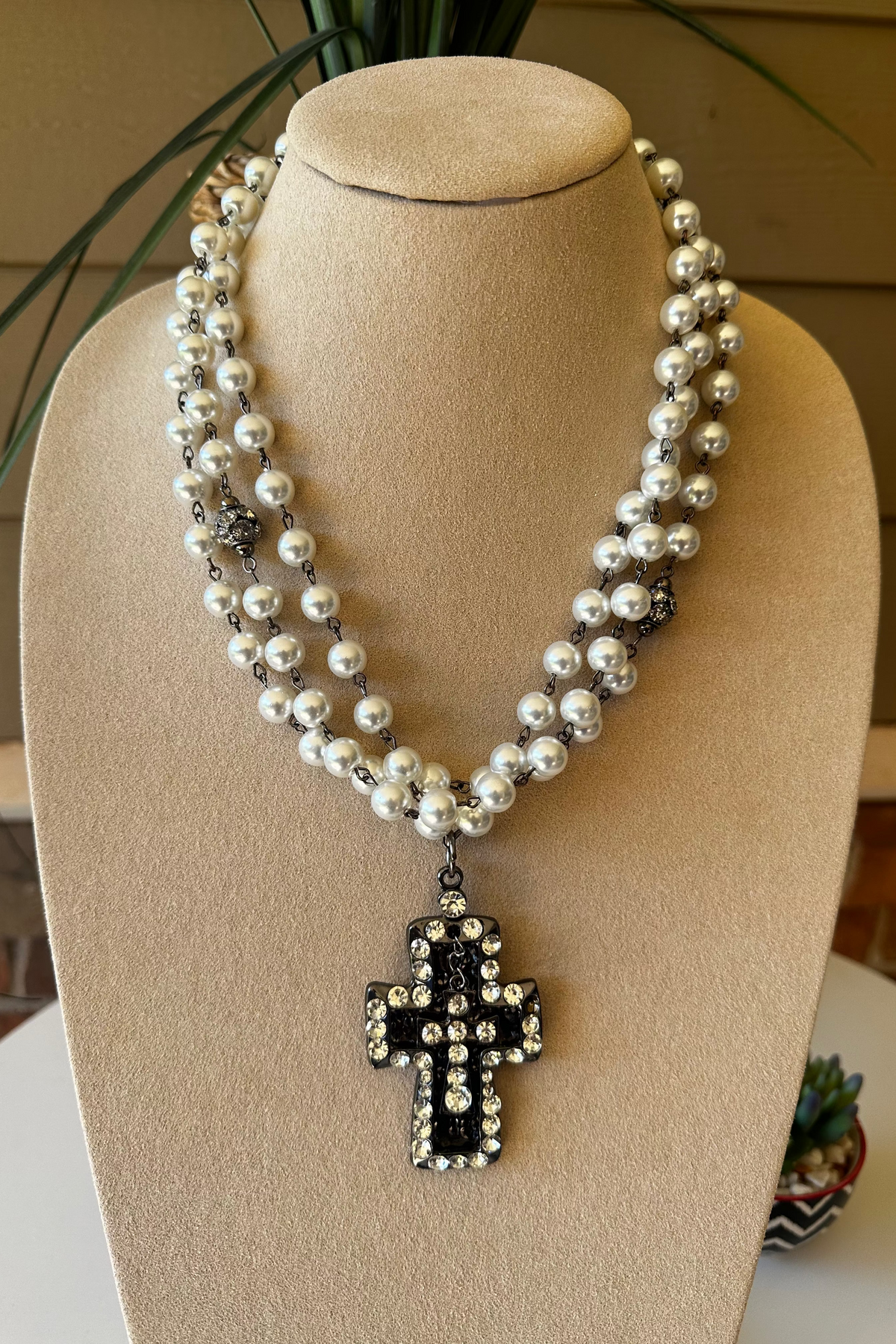 Pearl Triple Strand Bling Cross Necklace - N055PR