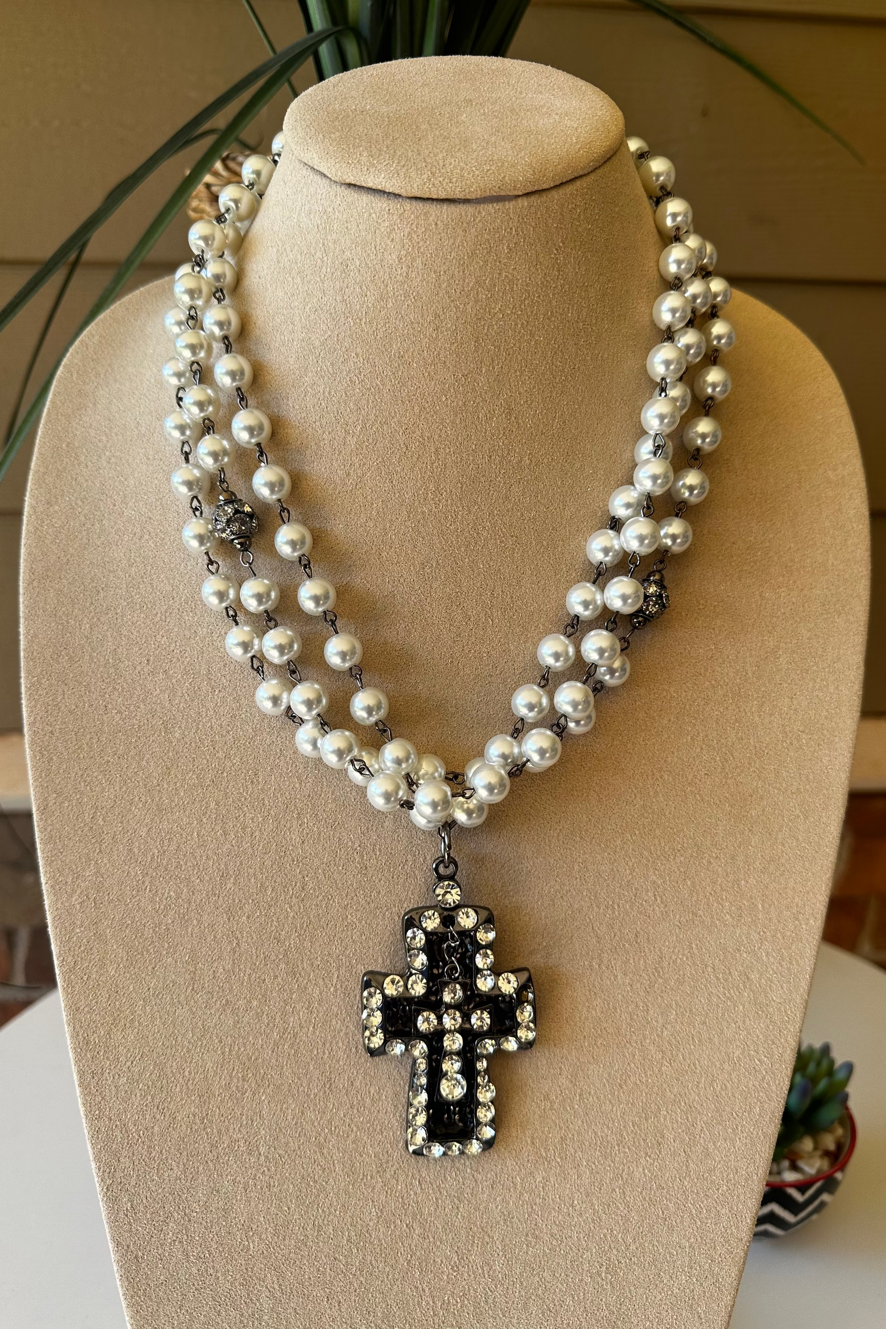 Pearl Triple Strand Bling Cross Necklace - N055PR