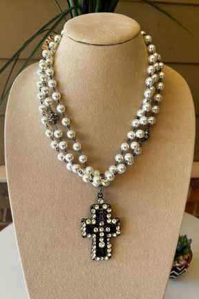 Pearl Triple Strand Bling Cross Necklace - N055PR
