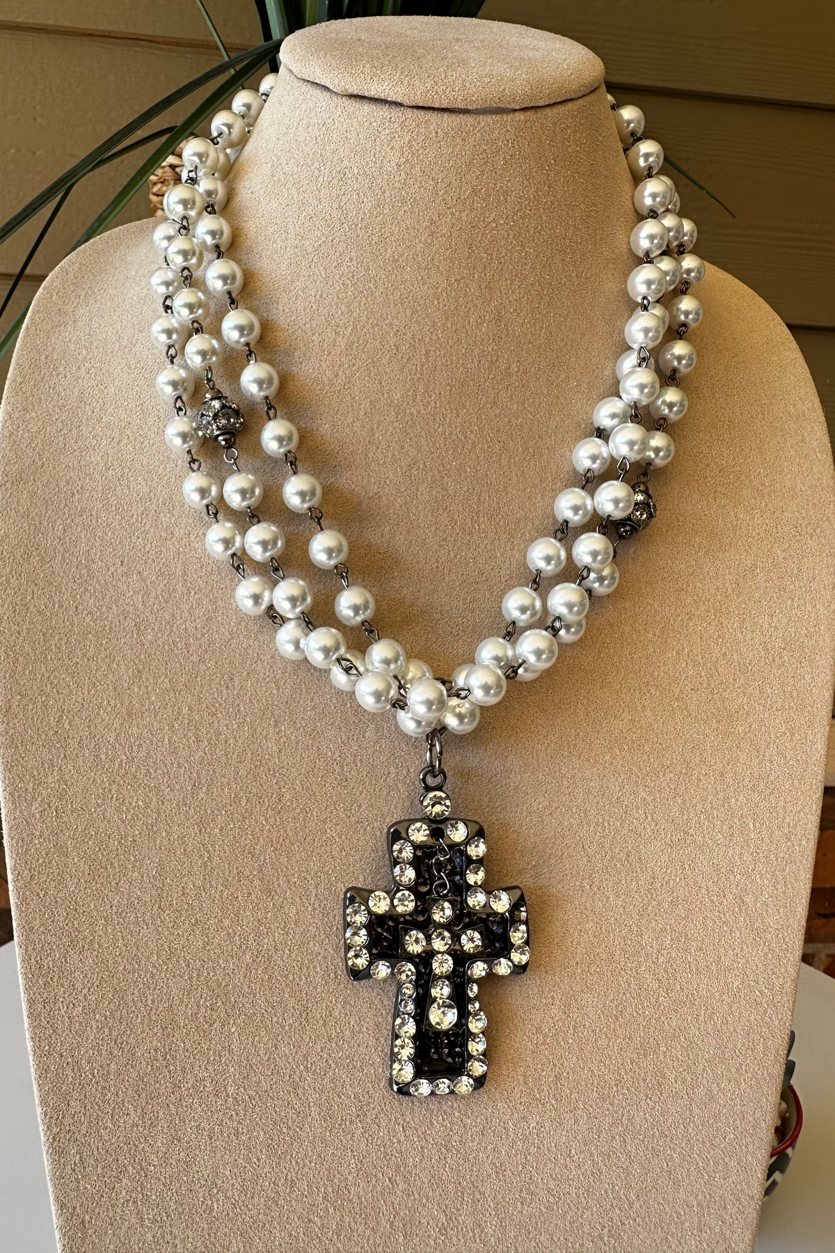 Pearl Triple Strand Bling Cross Necklace - N055PR