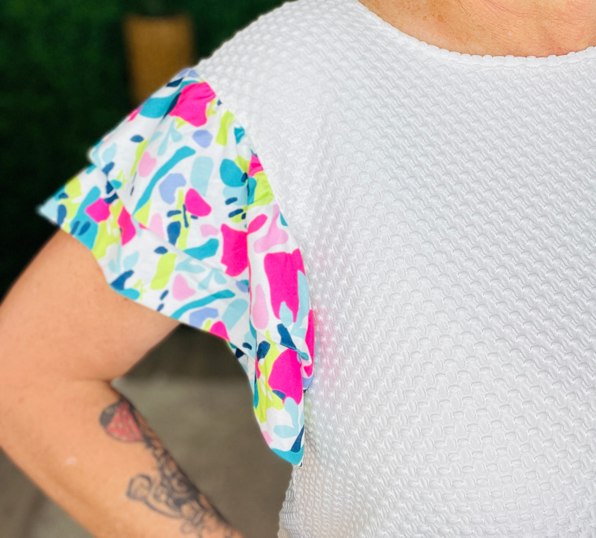 One Day At A Time White With Printed Sleeves Top - T11333WH