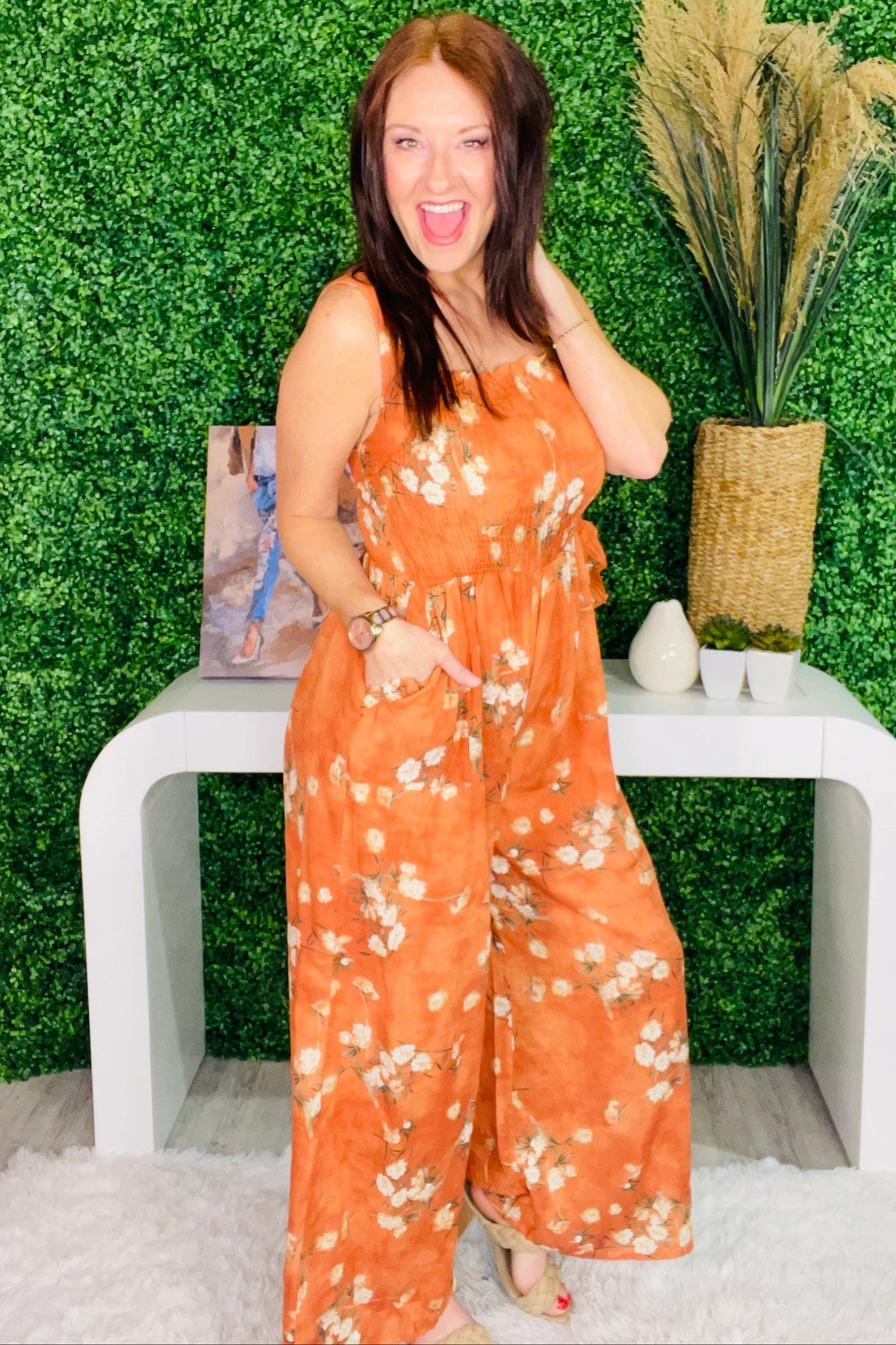 Easy Does It Floral Ruffle Square Neck Smocking Jumpsuit