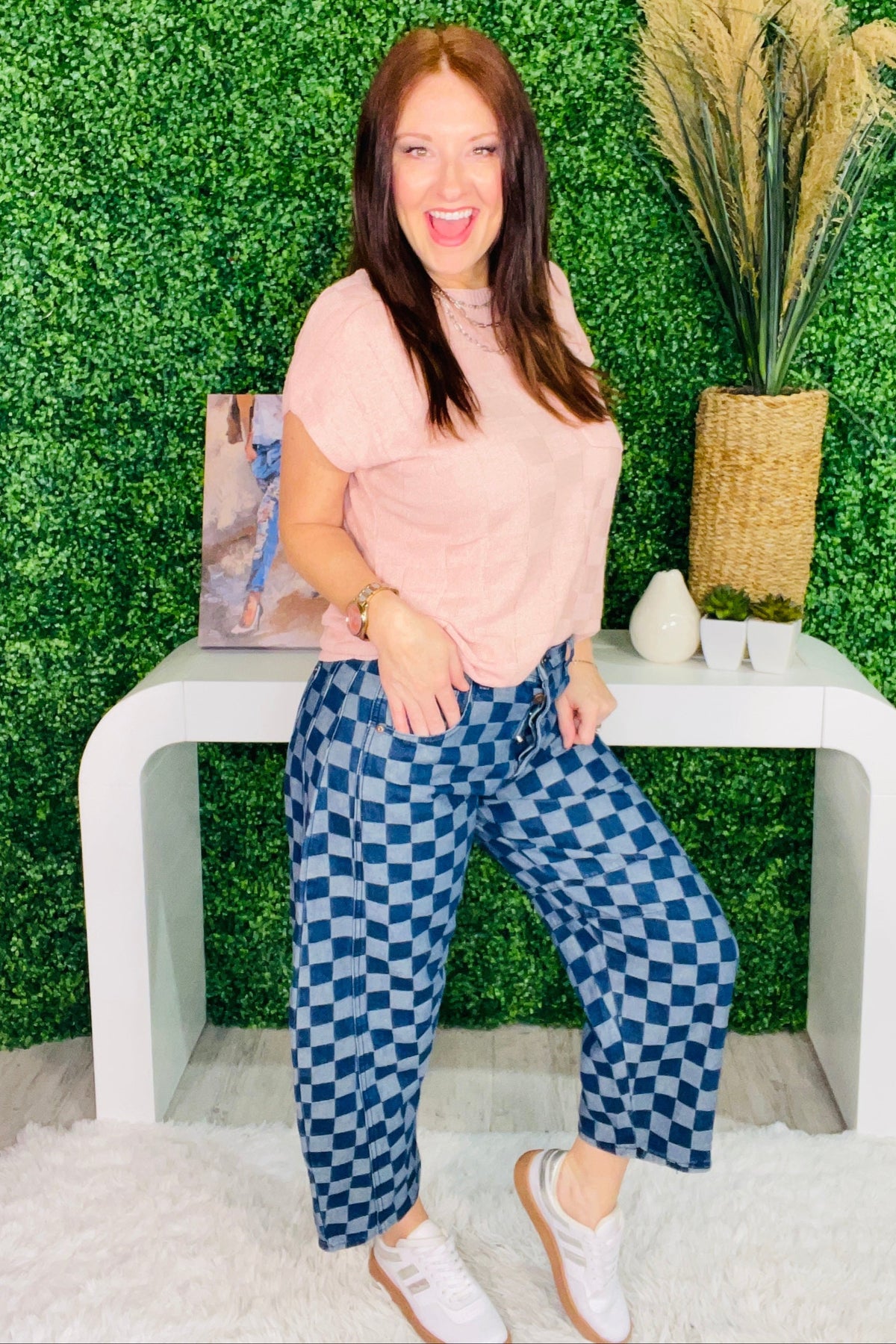 Check Please Barrel Style Leg Checkered Print Jeans