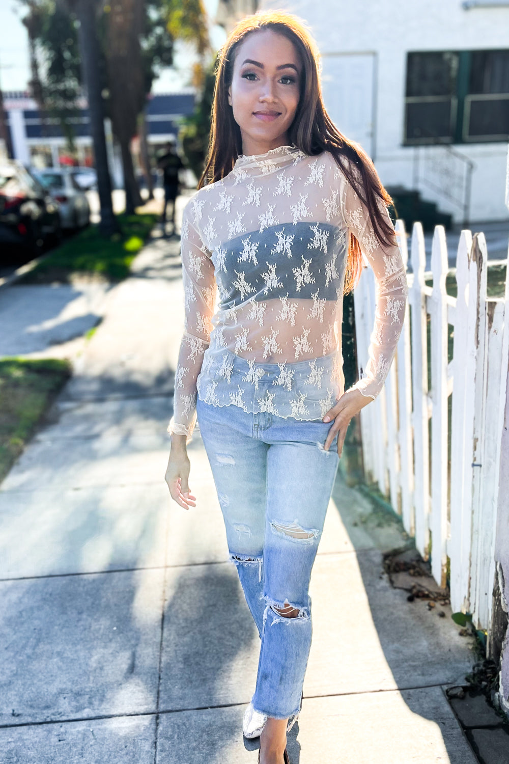 Feeling Femme Nude Lace Floral See-Through Layering Top - T11287NU