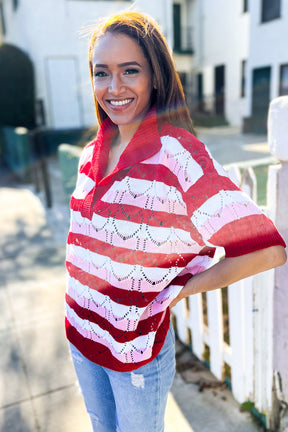 Sweetheart Ready Pointelle Collared Notch Neck Sweater - T10988RD