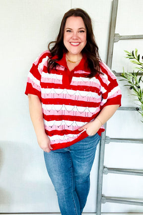 Sweetheart Ready Pointelle Collared Notch Neck Sweater - T10988RD