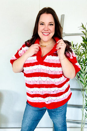 Sweetheart Ready Pointelle Collared Notch Neck Sweater - T10988RD