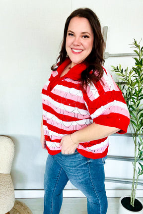 Sweetheart Ready Pointelle Collared Notch Neck Sweater - T10988RD
