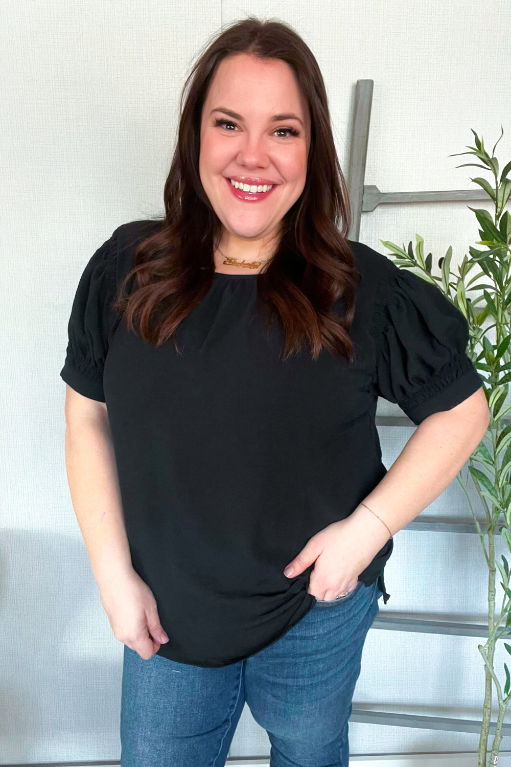 Perfectly You Solid Black Silk Shirred Cap Short Sleeve Blouse - T10997BK