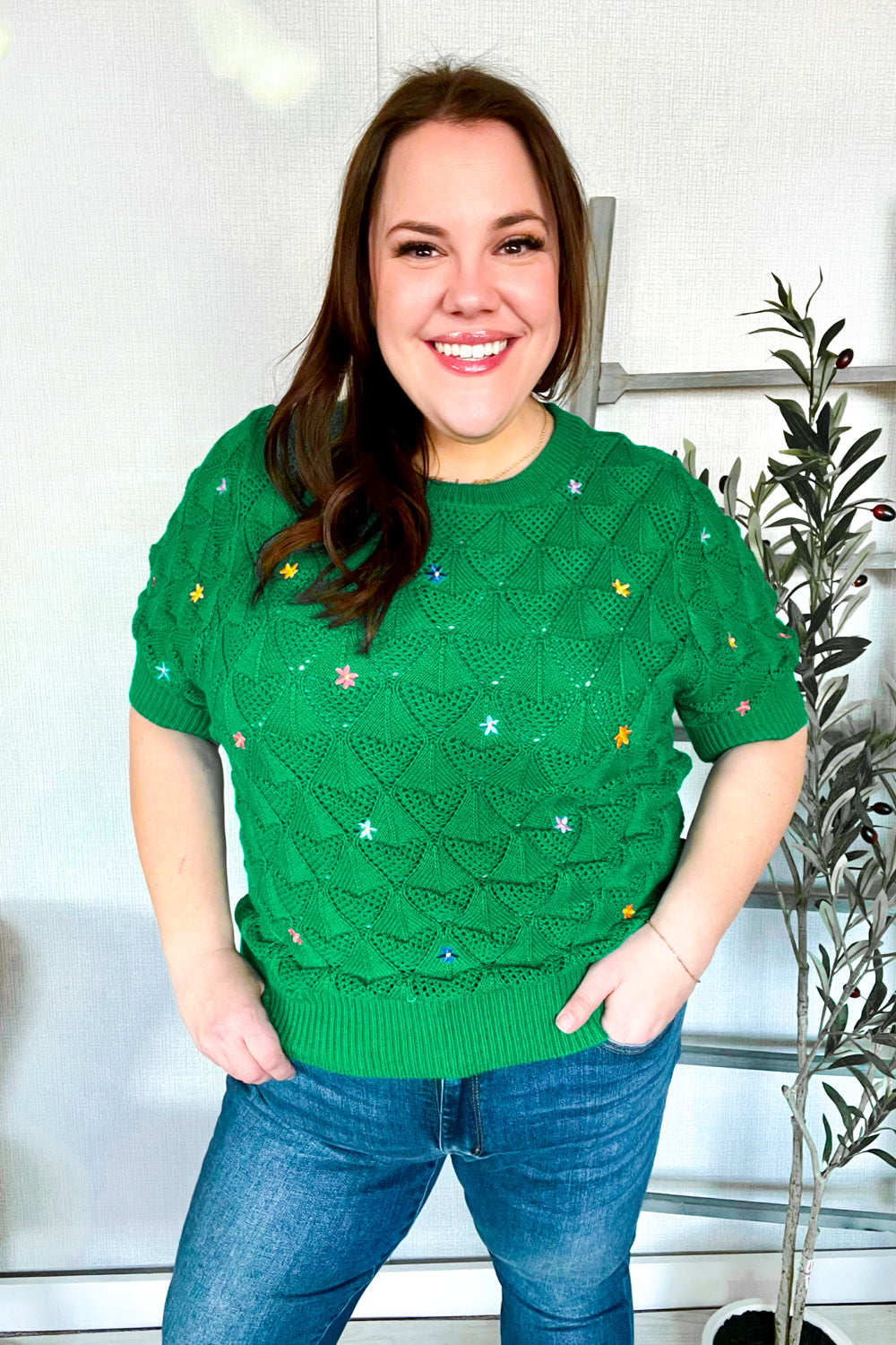 Flower Power Embroidered Crochet Textured Short Sleeve Sweater - T10989GN