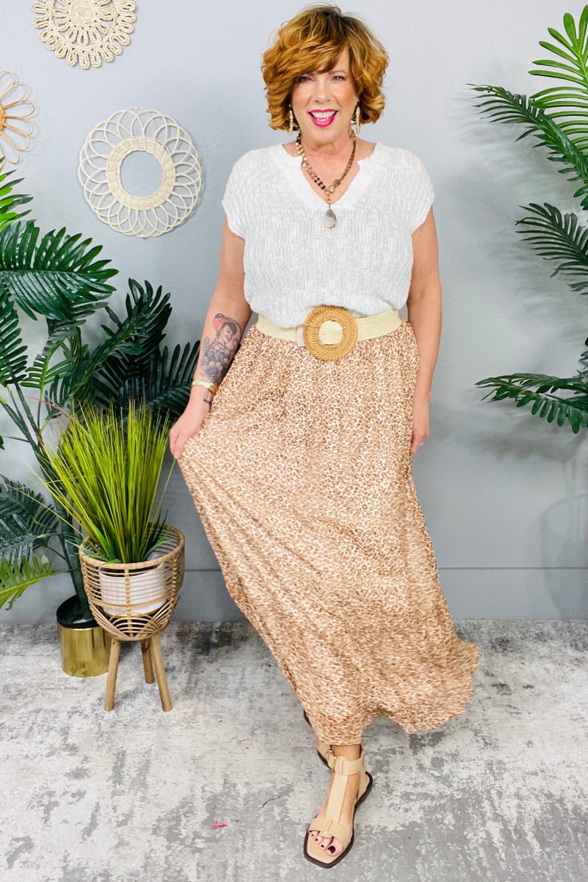 Wild And Free Tan Printed Ruffle Hem Skirt - E1091TN