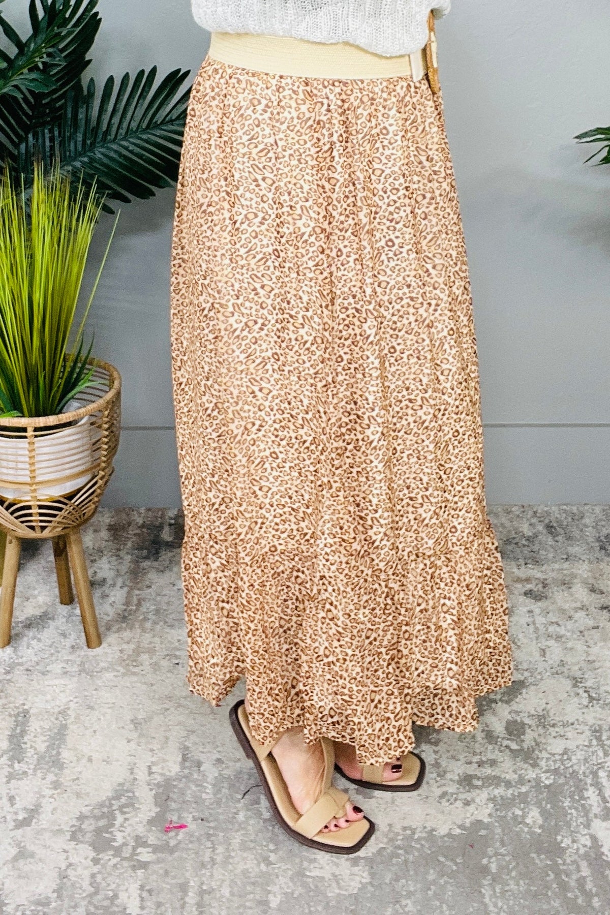 Wild And Free Tan Printed Ruffle Hem Skirt - E1091TN