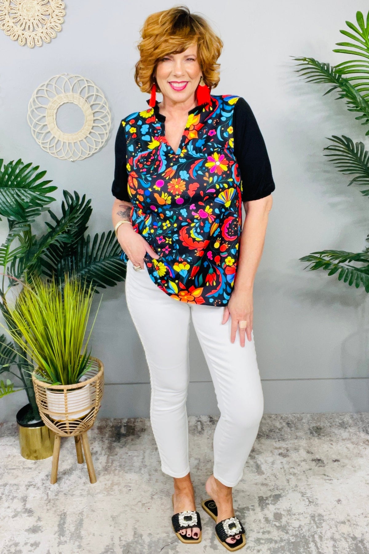 Vivid Imagination Black/Multi V-Neck Top - T11038BK