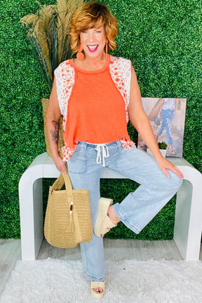 Chic In Lace Red Floral Frayed Hem Top