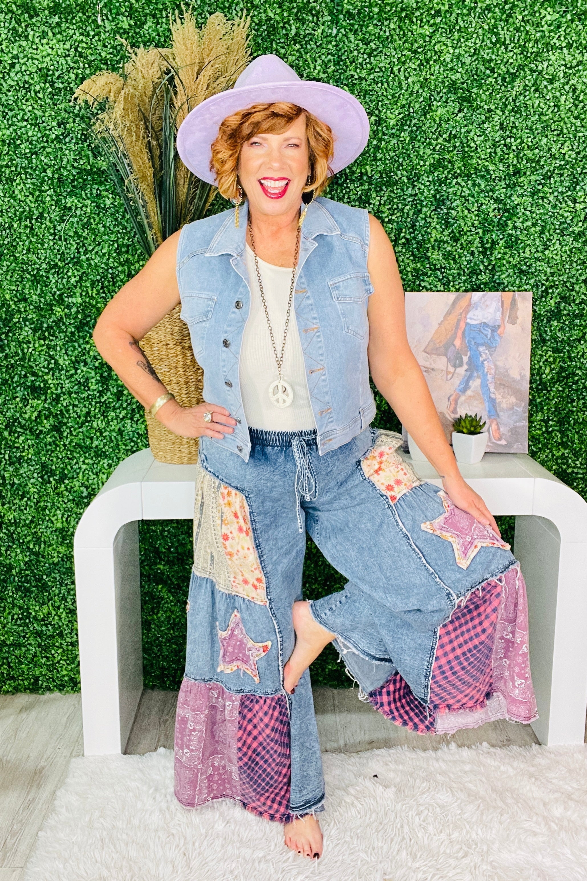 Made the Cut Patchwork Light Denim Blue Pants - PNT1782BL Made the Cut Patchwork Light Denim Blue Pants - PNT1782BL