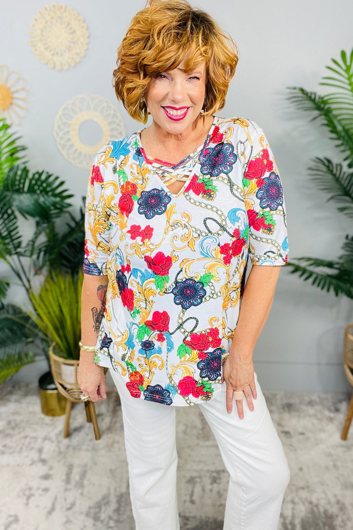 Unchained Melody White/Multi Color Crisscross Front Top - T11016WH