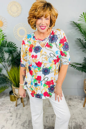 Unchained Melody White/Multi Color Crisscross Front Top - T11016WH
