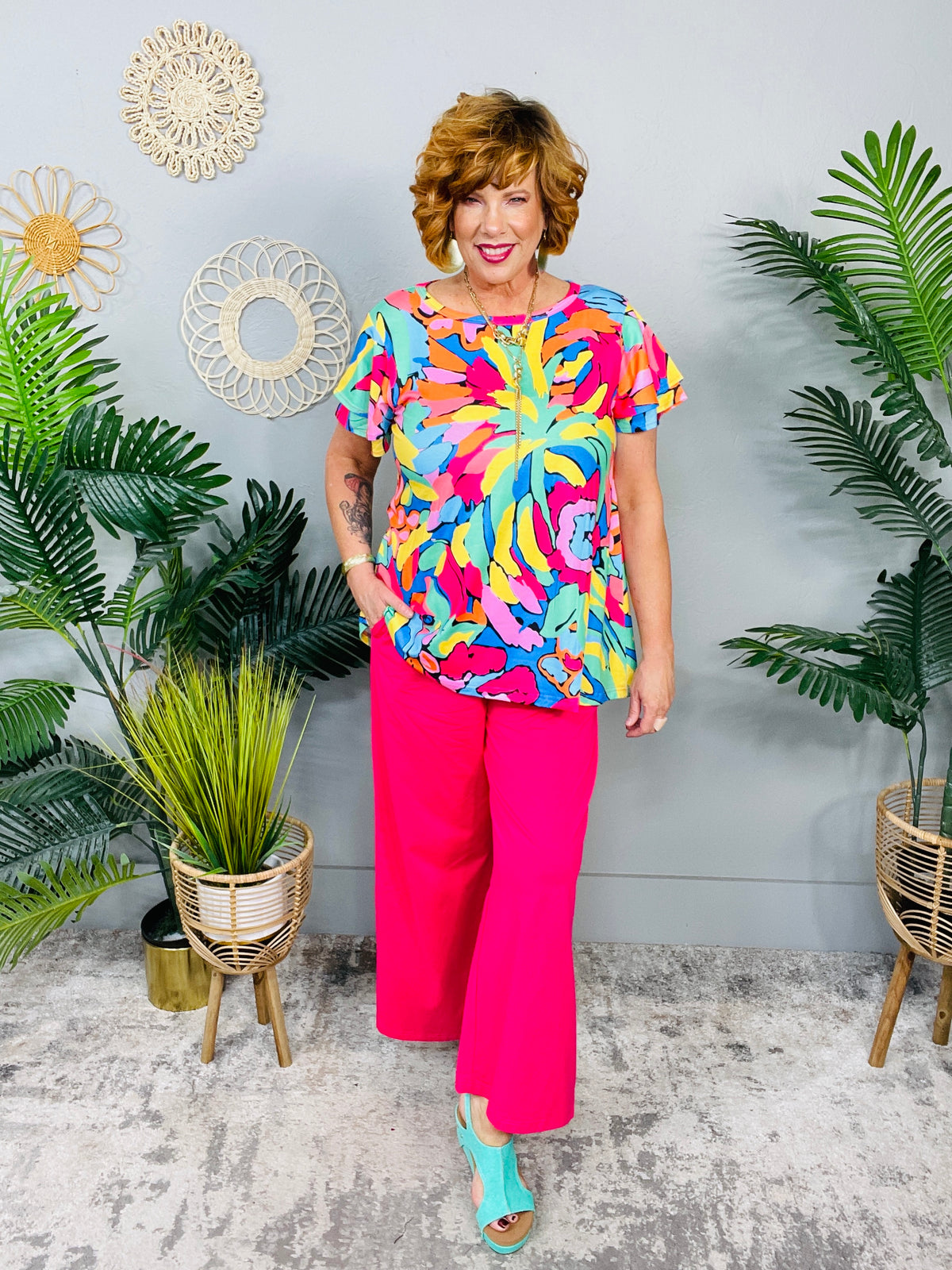 Twice As Nice Hot Pink/Multi Color Top/Pant (2 Piece Set) - T11013PK