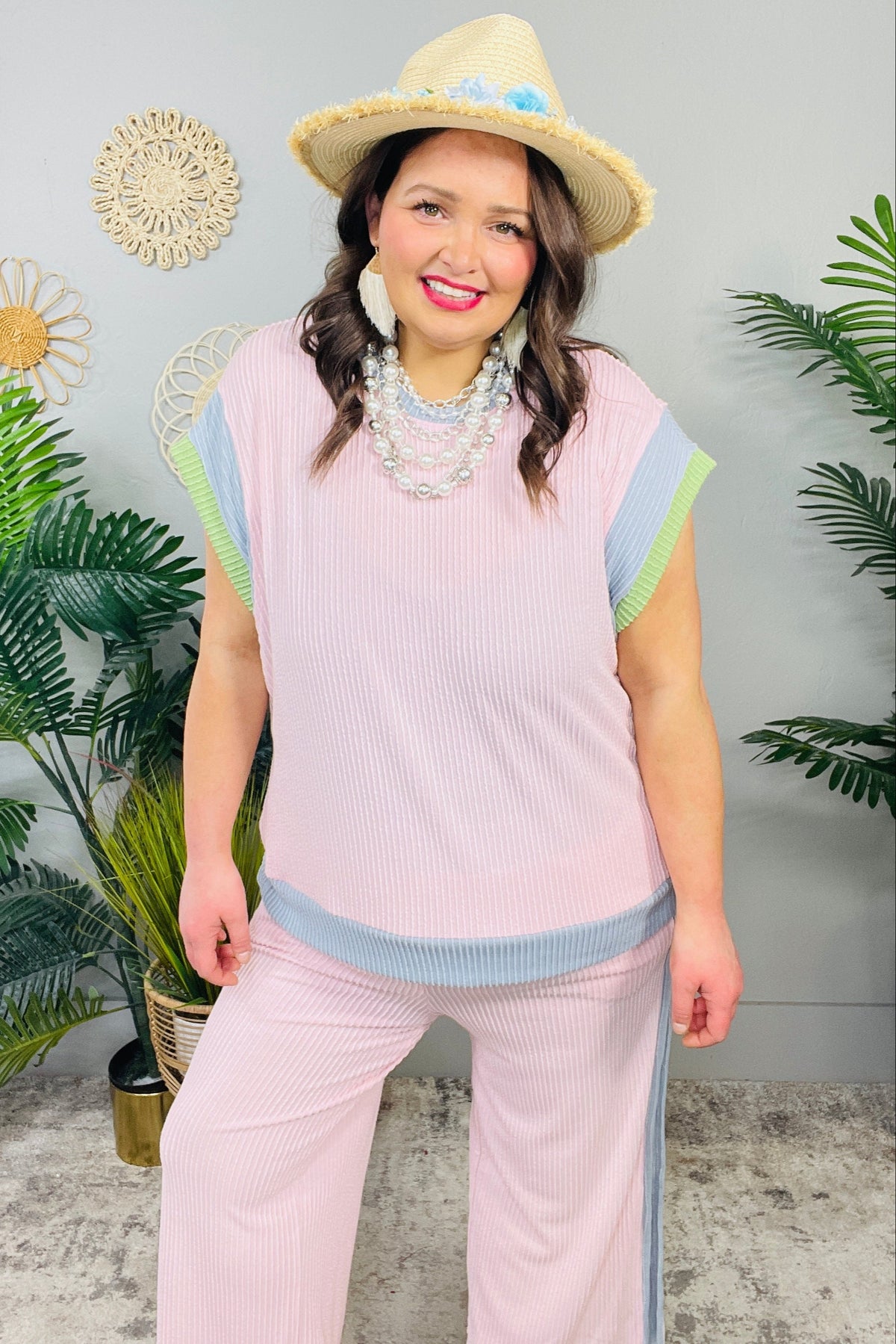 Set The Mood Pink Corded Colorblock Top and Pant Set