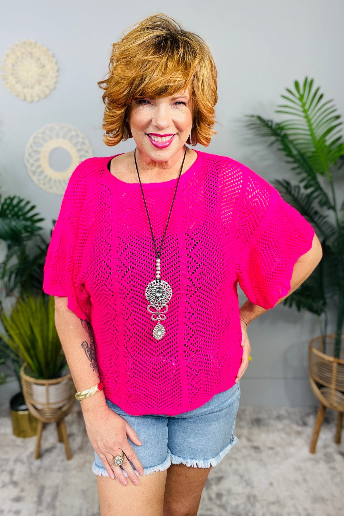 Take On Me Scallop Edge Knit Hot Pink Top - T11104PK