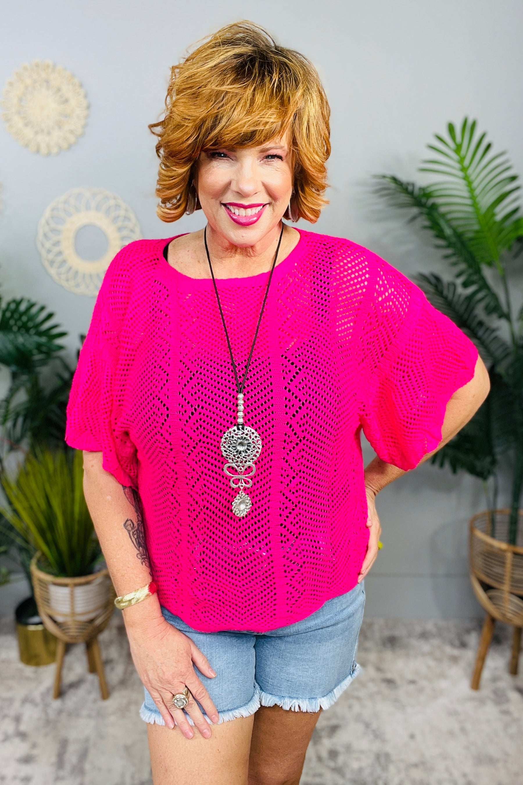 Take On Me Scallop Edge Knit Hot Pink Top - T11104PK
