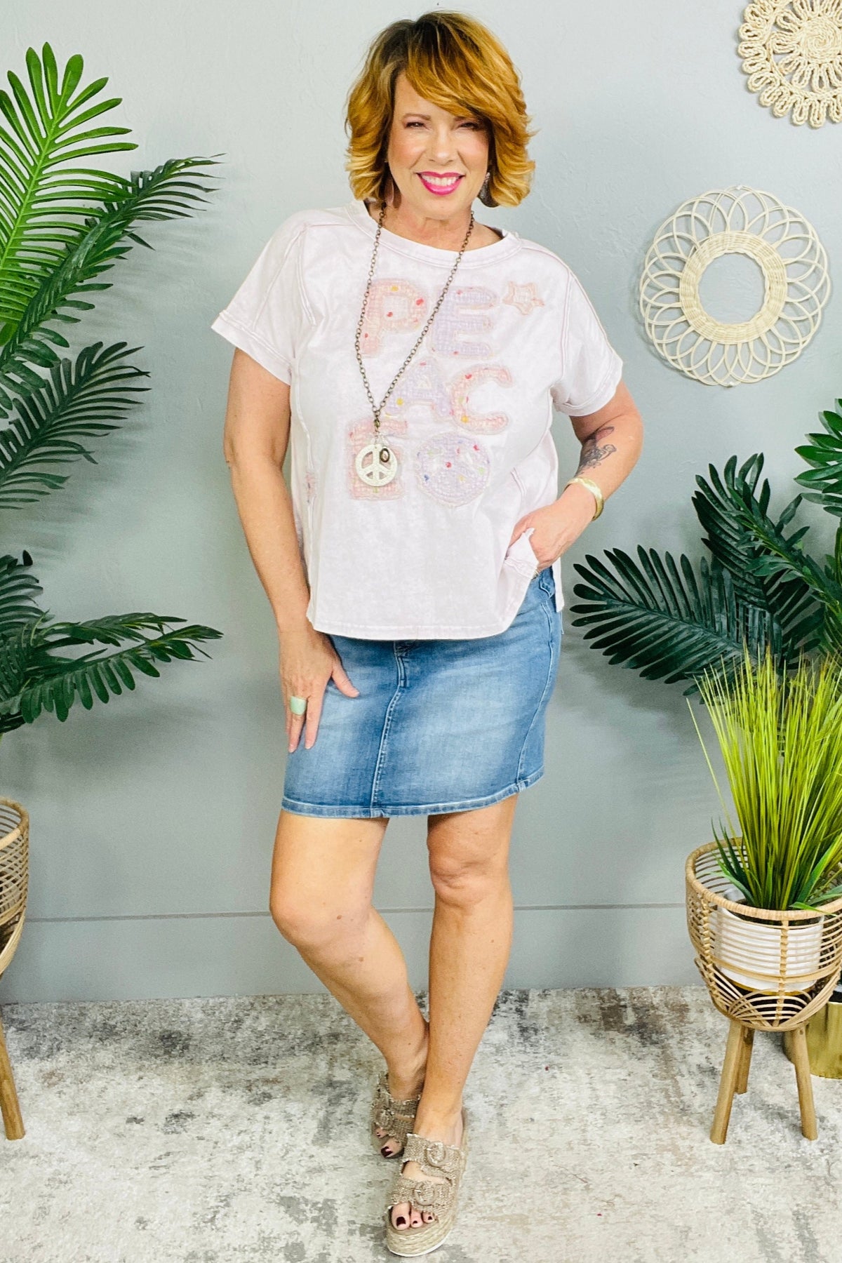 Find Your Peace Powder Pink Short Sleeve Top
