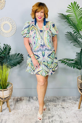 Boho Belle V-Neck Tiered Dress in Green Mix