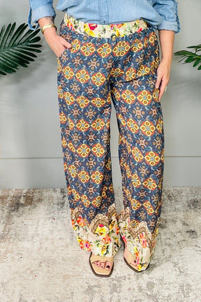 Wear The Print Teal Mixed Print Elastic Waistband Pant