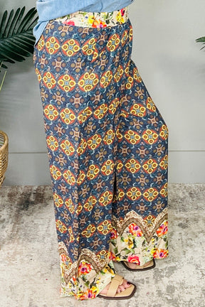 Wear The Print Teal Mixed Print Elastic Waistband Pant