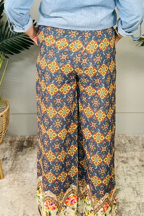 Wear The Print Teal Mixed Print Elastic Waistband Pant